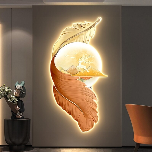 Home Decor Wood Feather Wall Decoration LED Light Mural Living Room