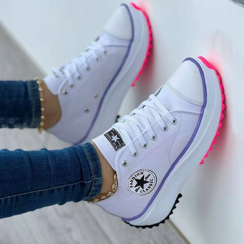 Fashionable Flat Lace-Up Sneakers Pattern Canvas Casual Sport Shoes