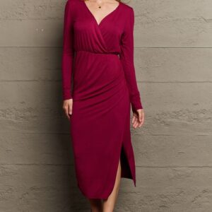 Caught Your Eye Full Size Faux Wrap Bodycon Midi Dress – Wine Red