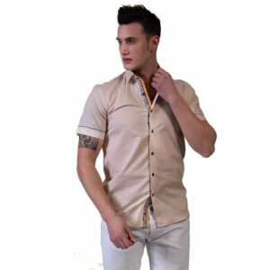 Beige Mens Short Sleeve Button up Shirts – Tailored Slim Fit Cotton