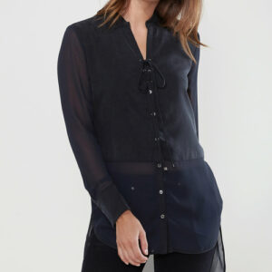 Classic Women’s Mesh Contrast Button Up Shirt In Black