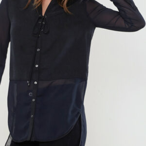 Classic Women’s Mesh Contrast Button Up Shirt In Black