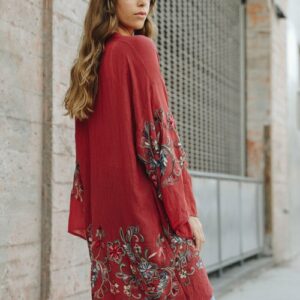 Red Long Floral Kimono Cardigan