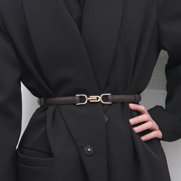 Elegant Skinny PU Leather Belt with Gold Buckle for Women