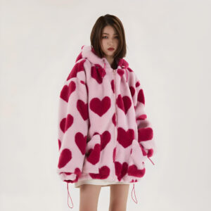 Harajuku Heart Print Plush Hooded Jacket