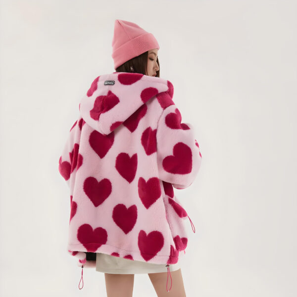 Harajuku Heart Print Plush Hooded Jacket