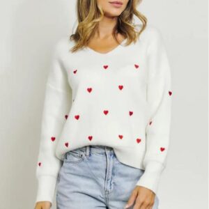 V Neck Embroidery Heart Sweater