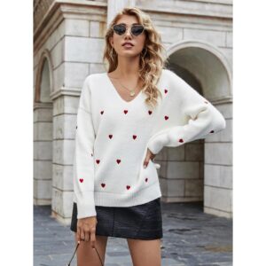 V Neck Embroidery Heart Sweater