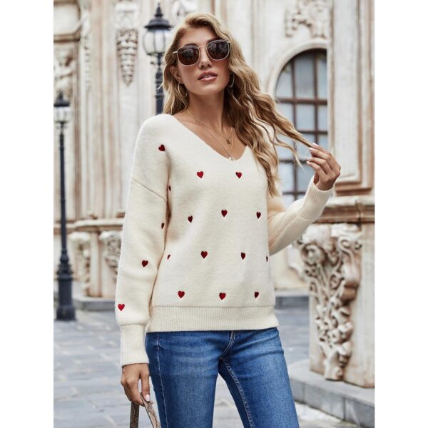 V Neck Embroidery Heart Sweater