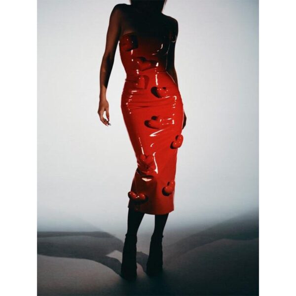 Elegant Red Sleeveless Patent Leather Midi Dress