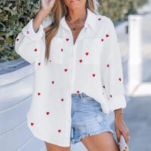 Cotton Embroidered Heart Long Sleeve Blouse