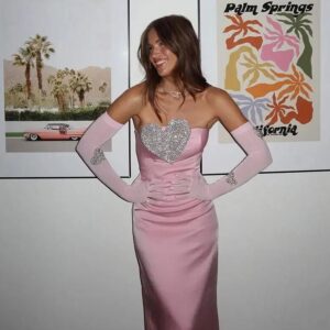 Pink Satin Sequin Strapless Maxi Evening Dress