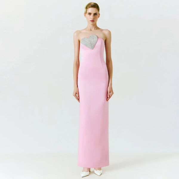 Pink Satin Sequin Strapless Maxi Evening Dress