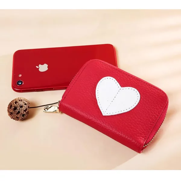 Genuine Leather Mini Wallet with Heart Decoration & Pearl Accent
