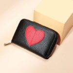 Genuine Leather Mini Wallet with Heart Decoration & Pearl Accent