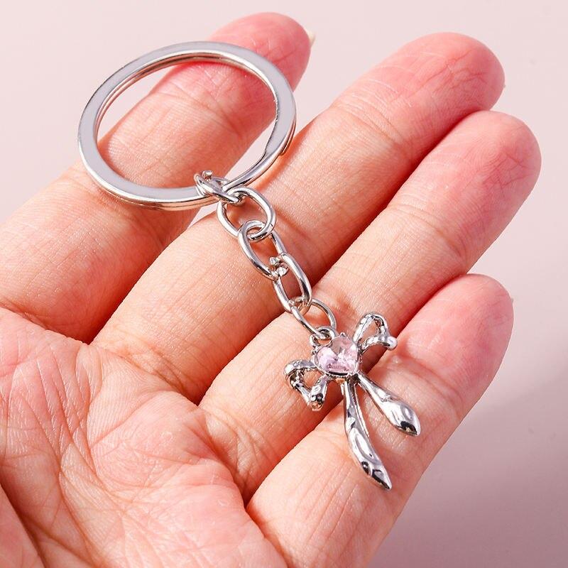 Pretty Crystal Bowknot Keychain Heart Keyring Pendants for Key Holder Women Girls Handbag Charms Decor DIY Jewelry Accessories