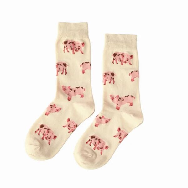 Charming Pink Piglet Cotton Crew Socks for Women