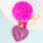 Heart-Shaped Rhinestone & Plush Pom Pom Keychain