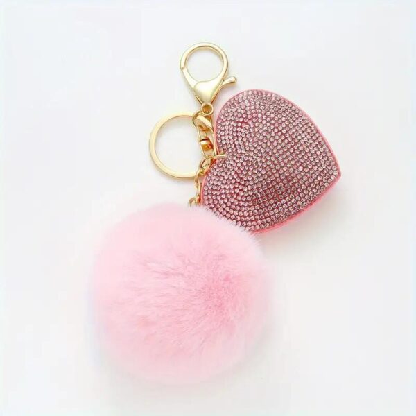 Heart-Shaped Rhinestone & Plush Pom Pom Keychain