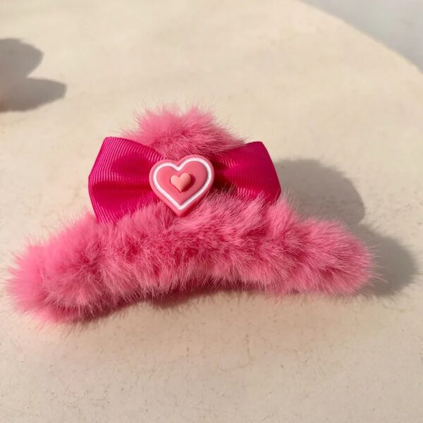 Chic Pink Plush Heart Hair Claw Clip for Women