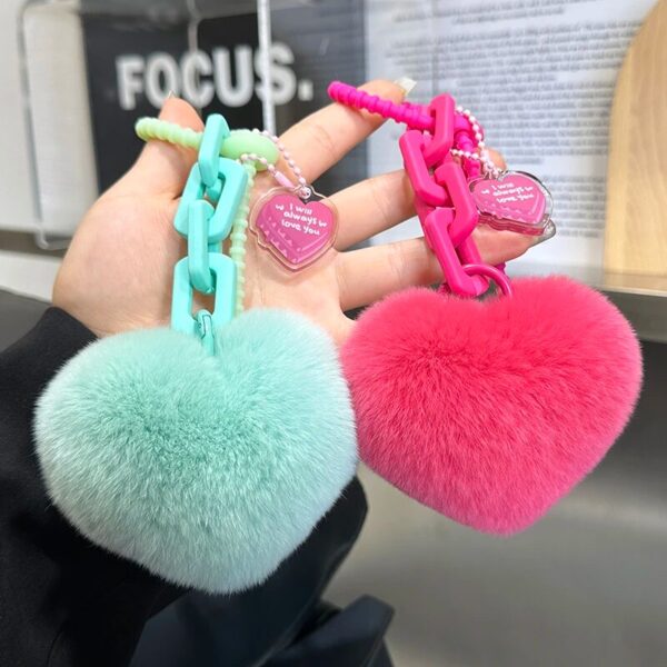 Cute Cartoon Rabbit Fur Heart Keychain - Image 3