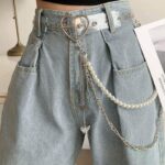 Hip Hop Punk Silver Metal Pearl Chain Belt for Jeans