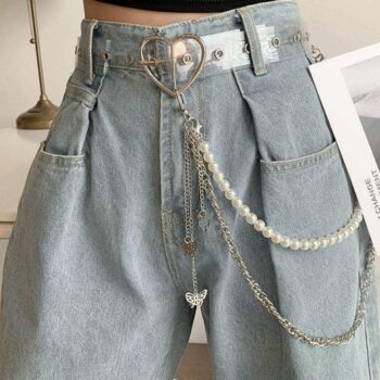 Hip Hop Punk Silver Metal Pearl Chain Belt for Jeans