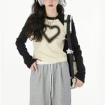 Heart Print Long Sleeve Slim Fit Tee