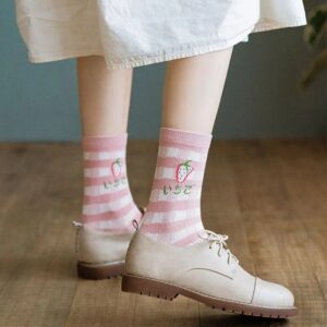 Charming Harajuku Kawaii Cotton Socks with Strawberry & Floral Patterns