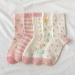 Charming Harajuku Kawaii Cotton Socks with Strawberry & Floral Patterns