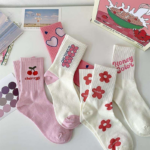 Pink Flower Cotton Mid-Tube Socks