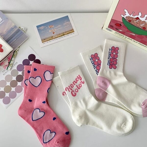 Pink Flower Cotton Mid-Tube Socks - Image 3