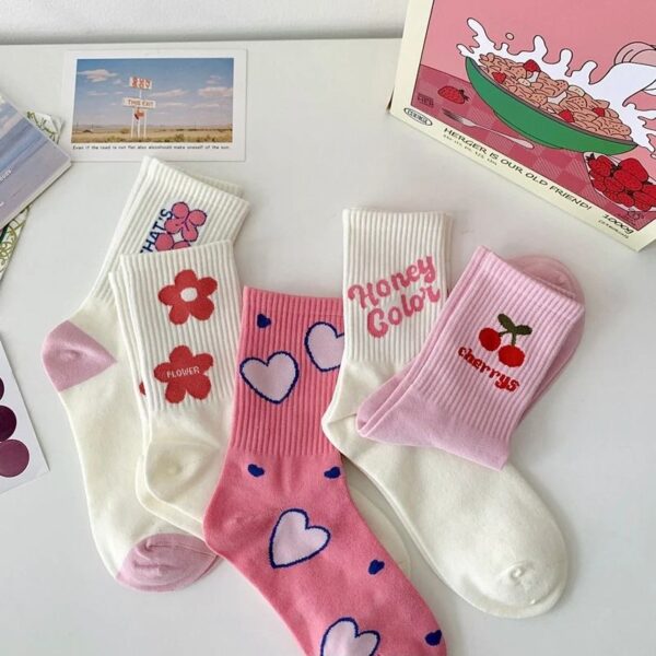 Pink Flower Cotton Mid-Tube Socks - Image 2