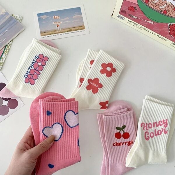 Pink Flower Cotton Mid-Tube Socks - Image 5