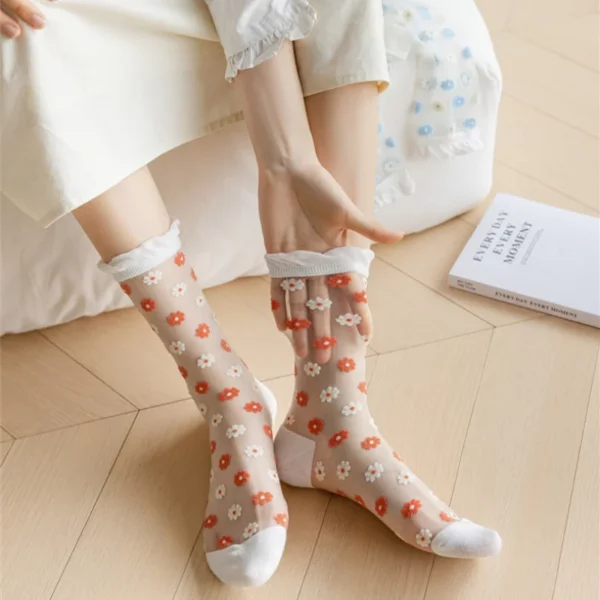 Summer Ultra-thin Crystal Silk Floral Socks