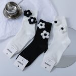 Chic Black & White Cotton Knit Flower Socks