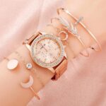 Rose Gold Rhinestone Watch & Bracelet Set for Women