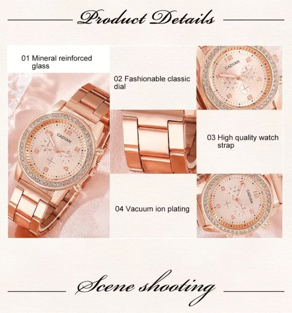 Rose Gold Rhinestone Watch & Bracelet Set for Women