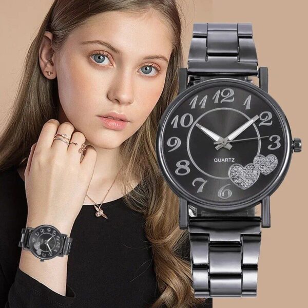 Luxury Heart Rhinestone Black Quartz Women's Watch - Image 2