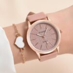 Ladies Fashion Quartz Leather Strap Watches 2pcs Set