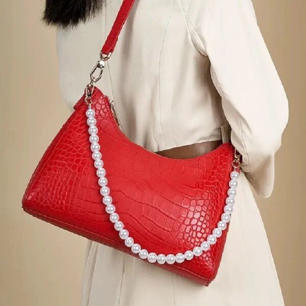 Elegant Red Leather Shoulder Bag with Pearl Accents - Image 2