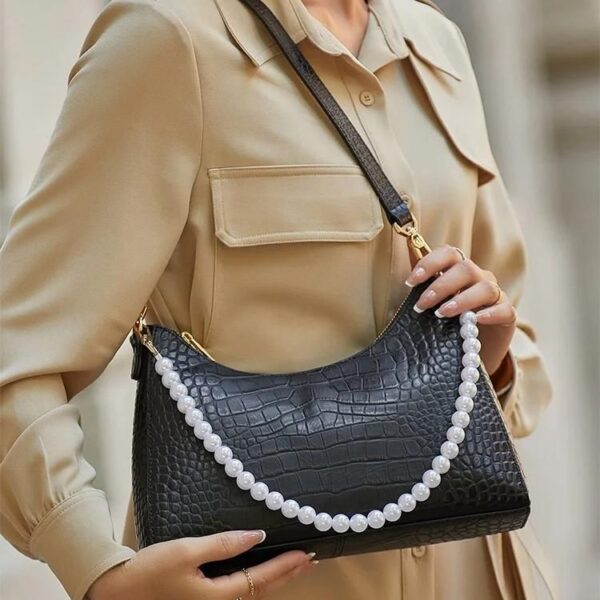 Elegant Red Leather Shoulder Bag with Pearl Accents