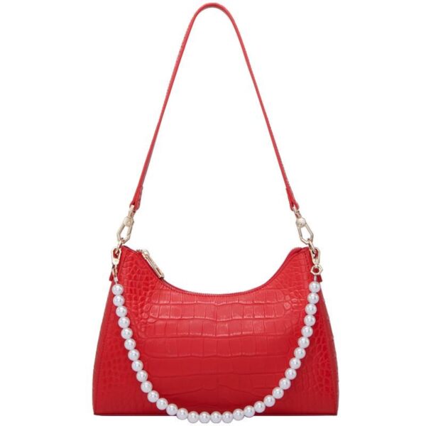 Elegant Red Leather Shoulder Bag with Pearl Accents