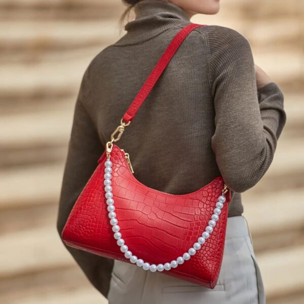 Elegant Red Leather Shoulder Bag with Pearl Accents - Image 3