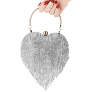 Silver Heart Pattern Rhinestone Evening Clutch