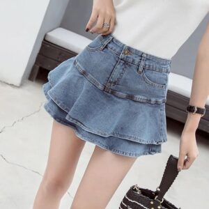 Chic Vintage Denim Mini Skirt – Women’s High-Waisted A-Line with Pockets