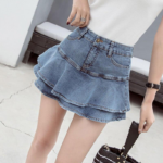 Chic Vintage Denim Mini Skirt - Women's High-Waisted A-Line with Pockets