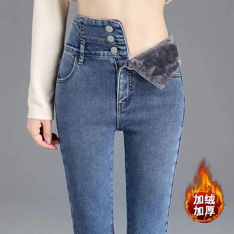 High Waist Velvet-Lined Skinny Denim Pencil Jeans – Winter Stretch