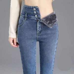 High Waist Velvet-Lined Skinny Denim Pencil Jeans – Winter Stretch