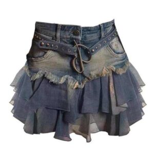 Y2k Vintage Patchwork Denim Mini Skirt – Summer Harajuku A-line Fashion